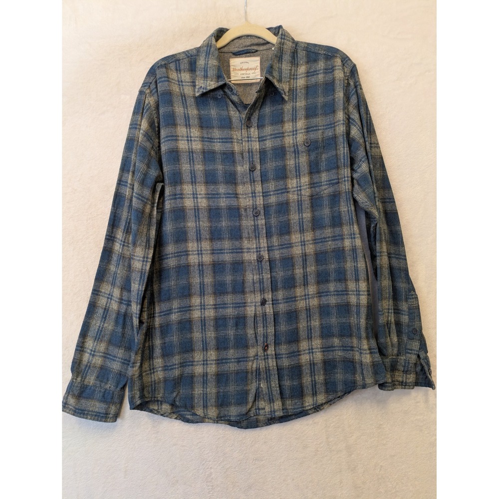 Weatherproof Vintage Mens Size M Blue‎ and Gray Plaid Flannel Button Front Shirt